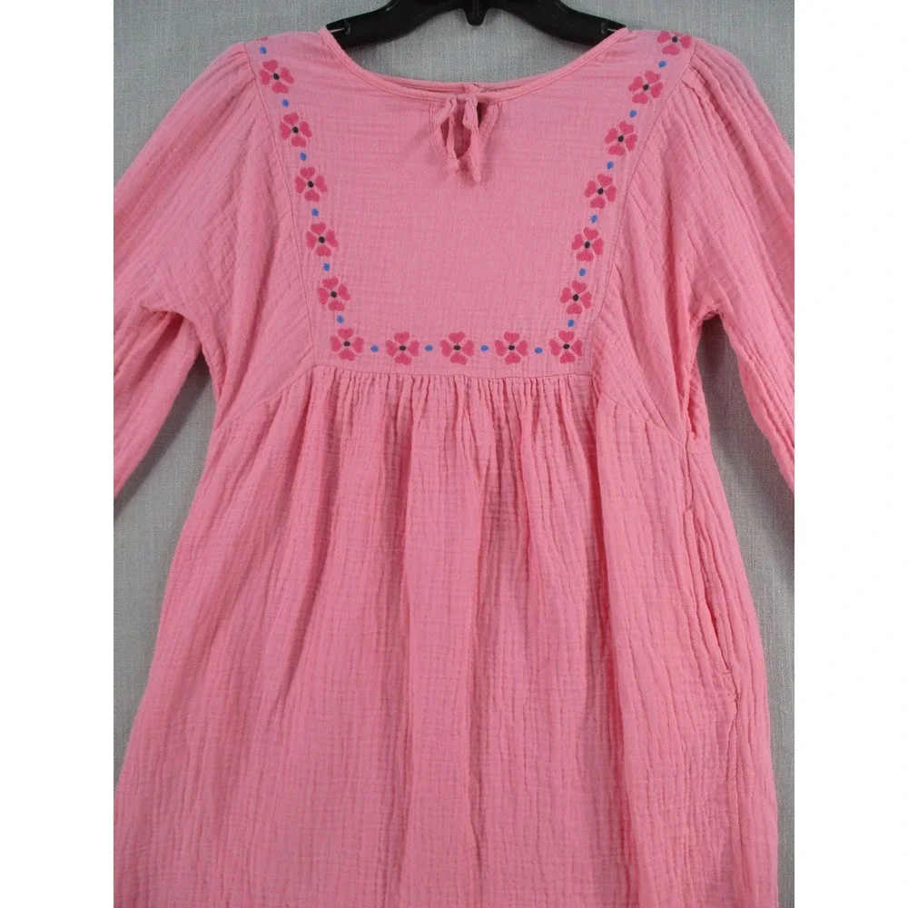 Old Navy Girls Pink Crinkle Gauze Embroidered Floral Long Sleeve Dress XL 14-16